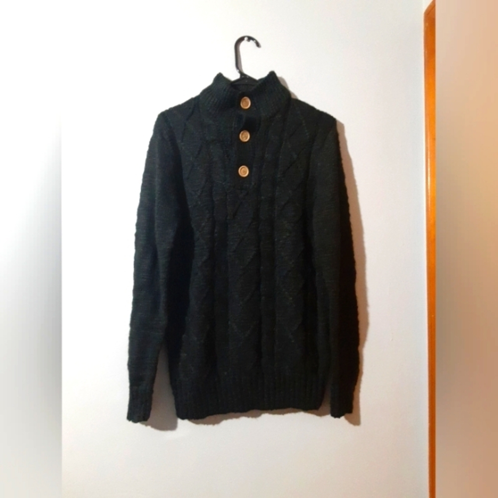 Kani D Men's Black Cable Knit Sweater Quarter Button Size S Grandpa Core Old